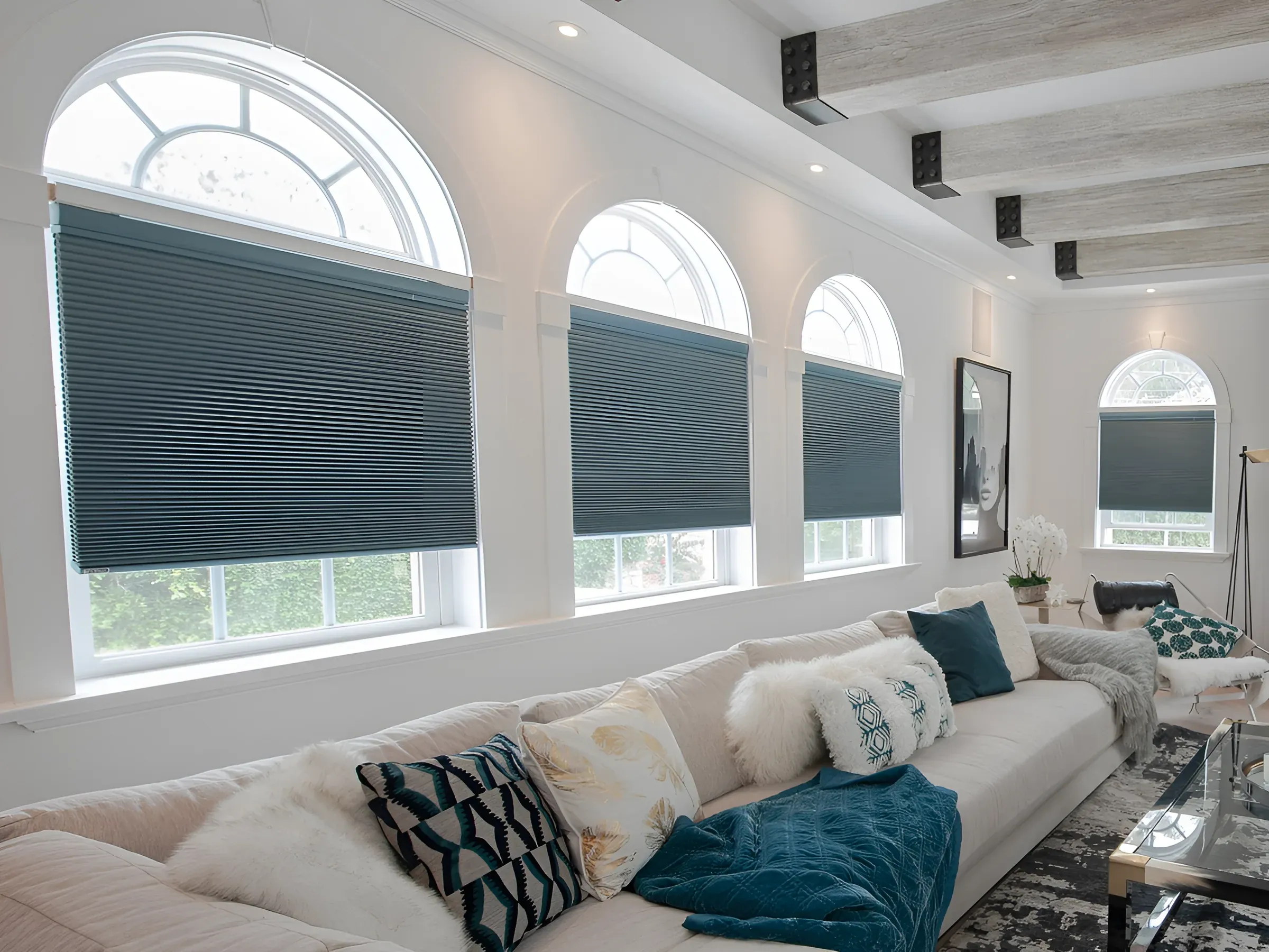 Honeycomb shades lowered from the top