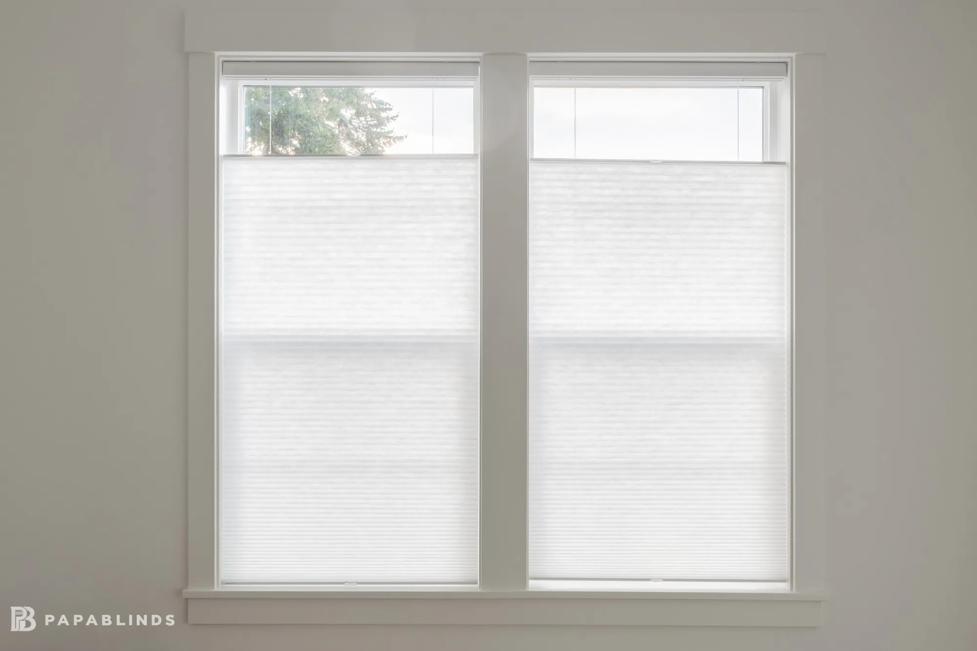 Two windows with white light-filtering cellular shades almost fully lowered, leaving a strip of sky at the top