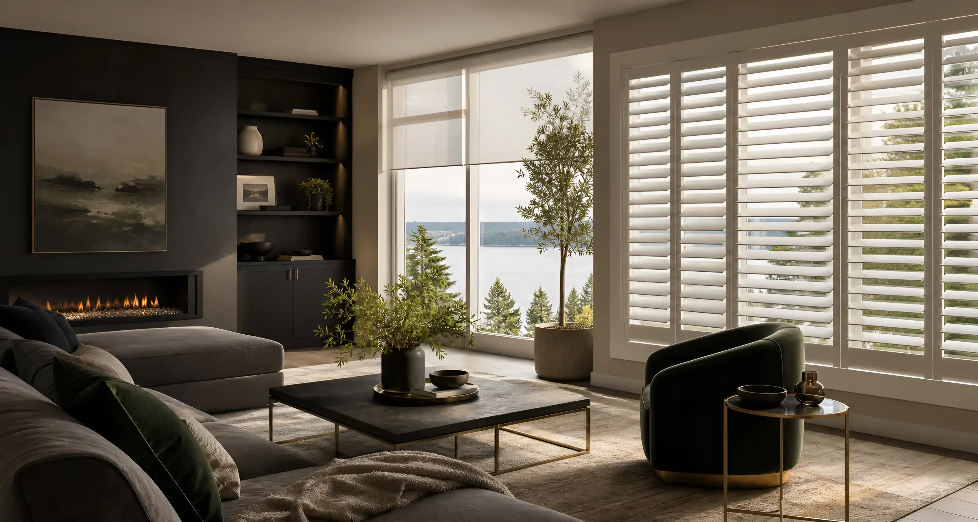 Living room with shutters and a water view