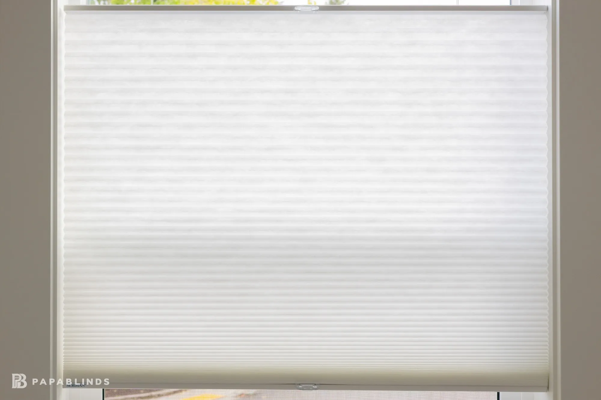 Close-up of a white light-filtering cellular shade with daylight coming through the fabric