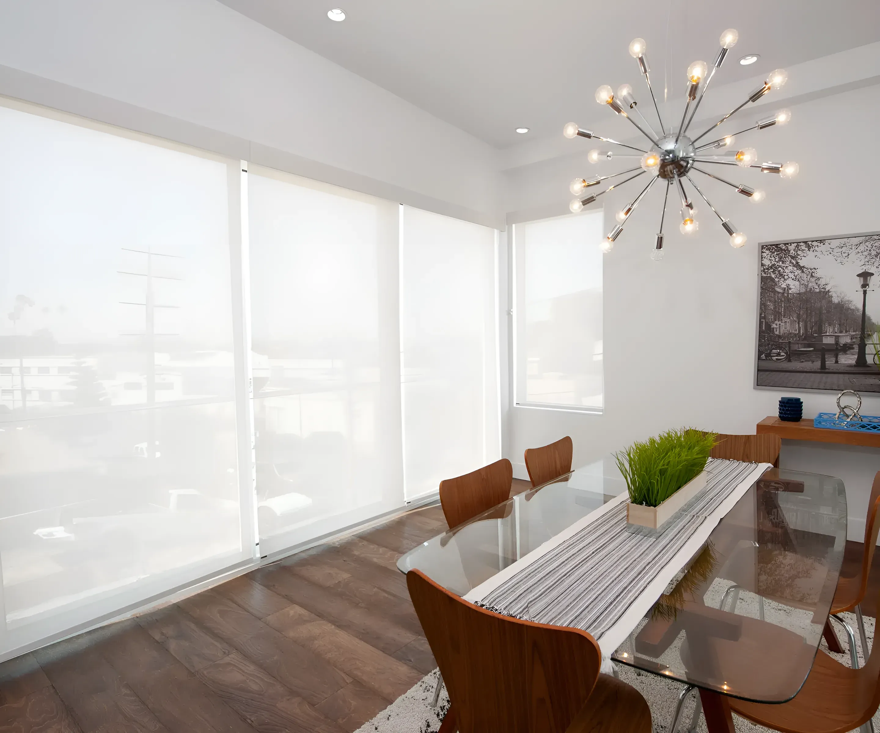 Roller shades in a dining room