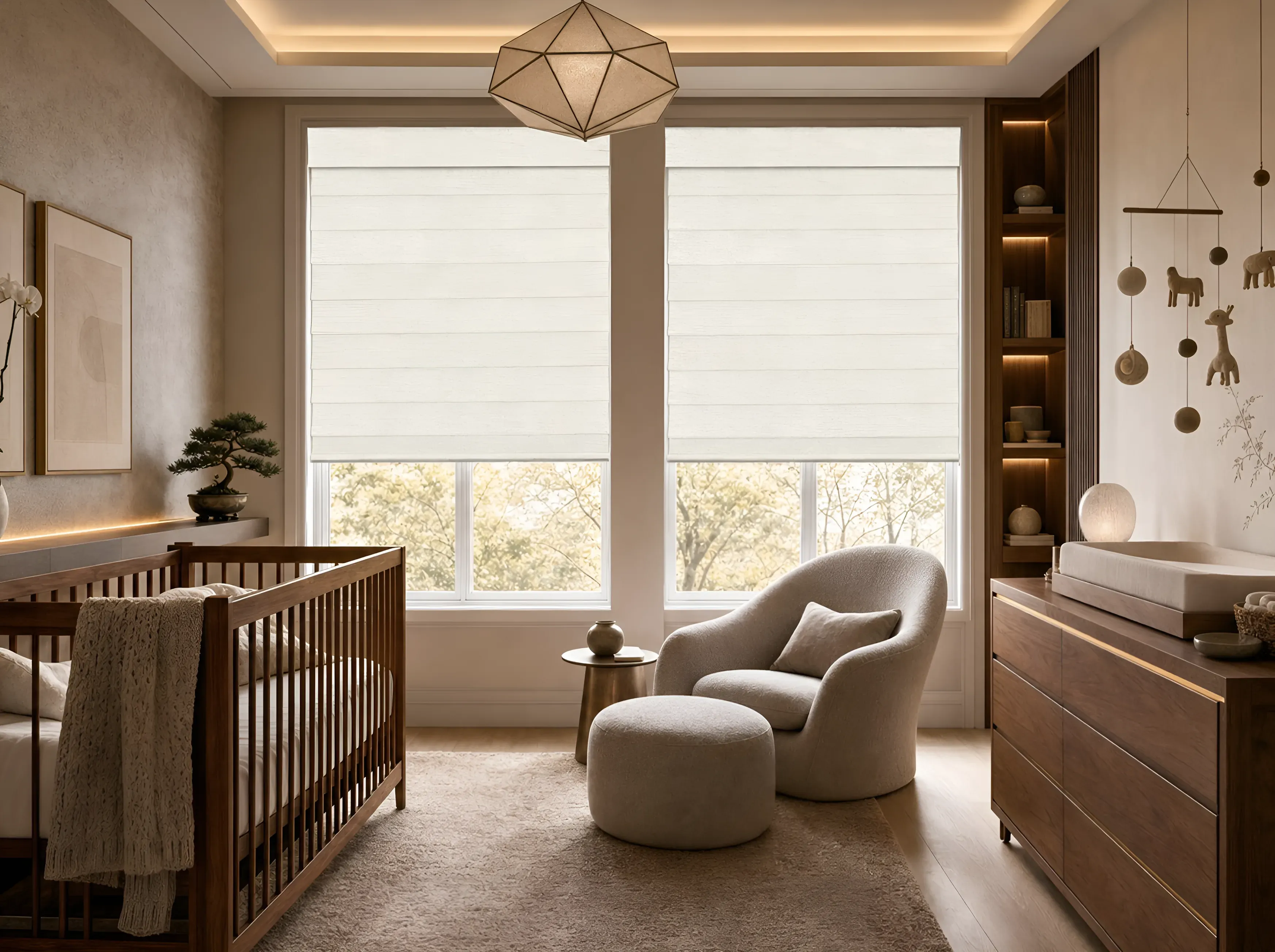 Nursery with a crib and soft folding shades